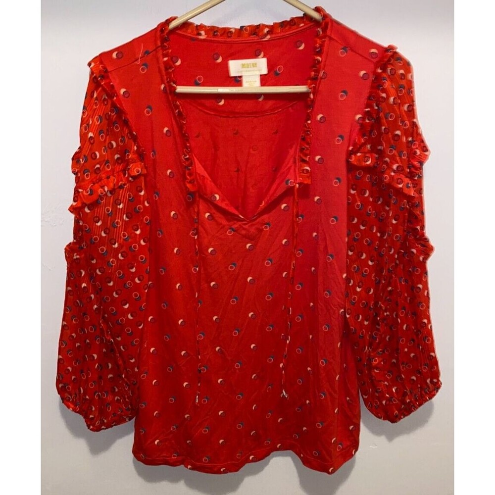 Anthropologie MAEVE Jacquin Lace Sleeve Blouse Women’s Size M Red Boho Sheer
